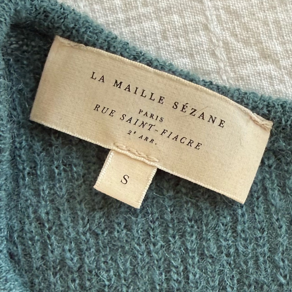 Sezane Teal Green Button-Front Fuzzy Knit Cardigan - Picture 3 of 4